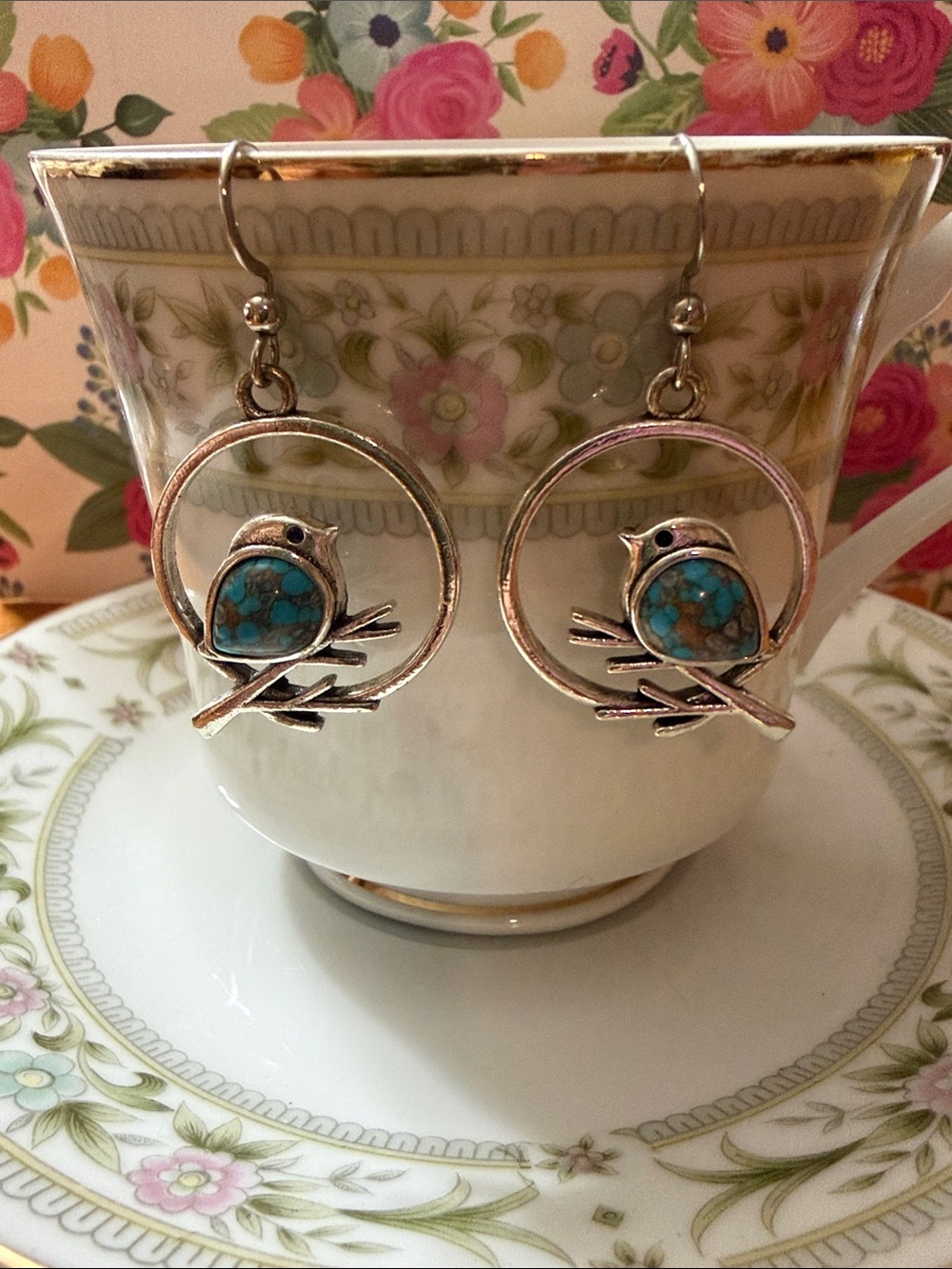 Turquoise Bird Hoop Branch Earrings - Women Jewelry